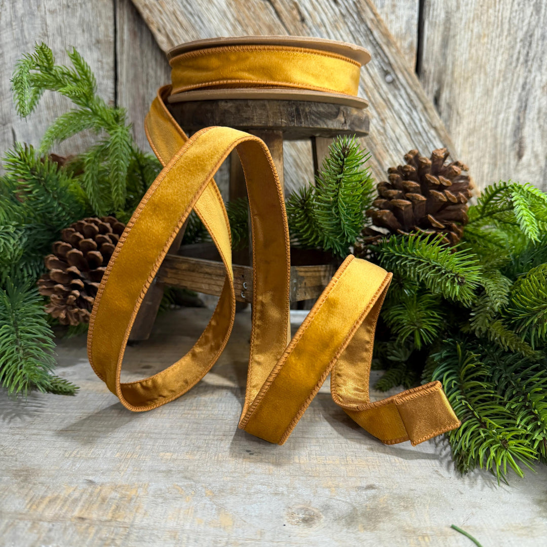 1" Antique Gold Wired Ribbon, Gold Christmas Velvet Ribbon