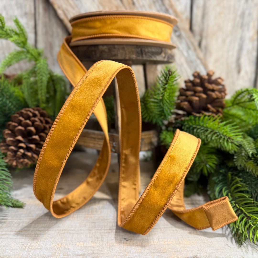 1" Antique Gold Wired Ribbon, Gold Christmas Velvet Ribbon