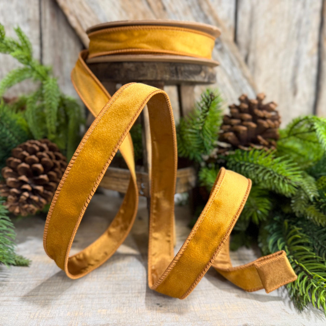 1" Antique Gold Wired Ribbon, Gold Christmas Velvet Ribbon