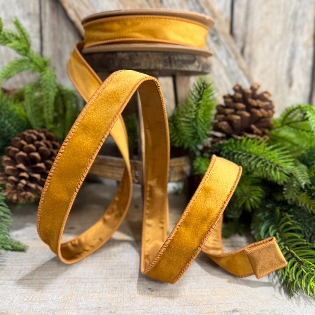 1" Antique Gold Wired Ribbon, Gold Christmas Velvet Ribbon
