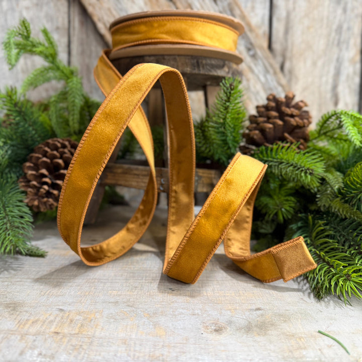 1" Antique Gold Wired Ribbon, Gold Christmas Velvet Ribbon
