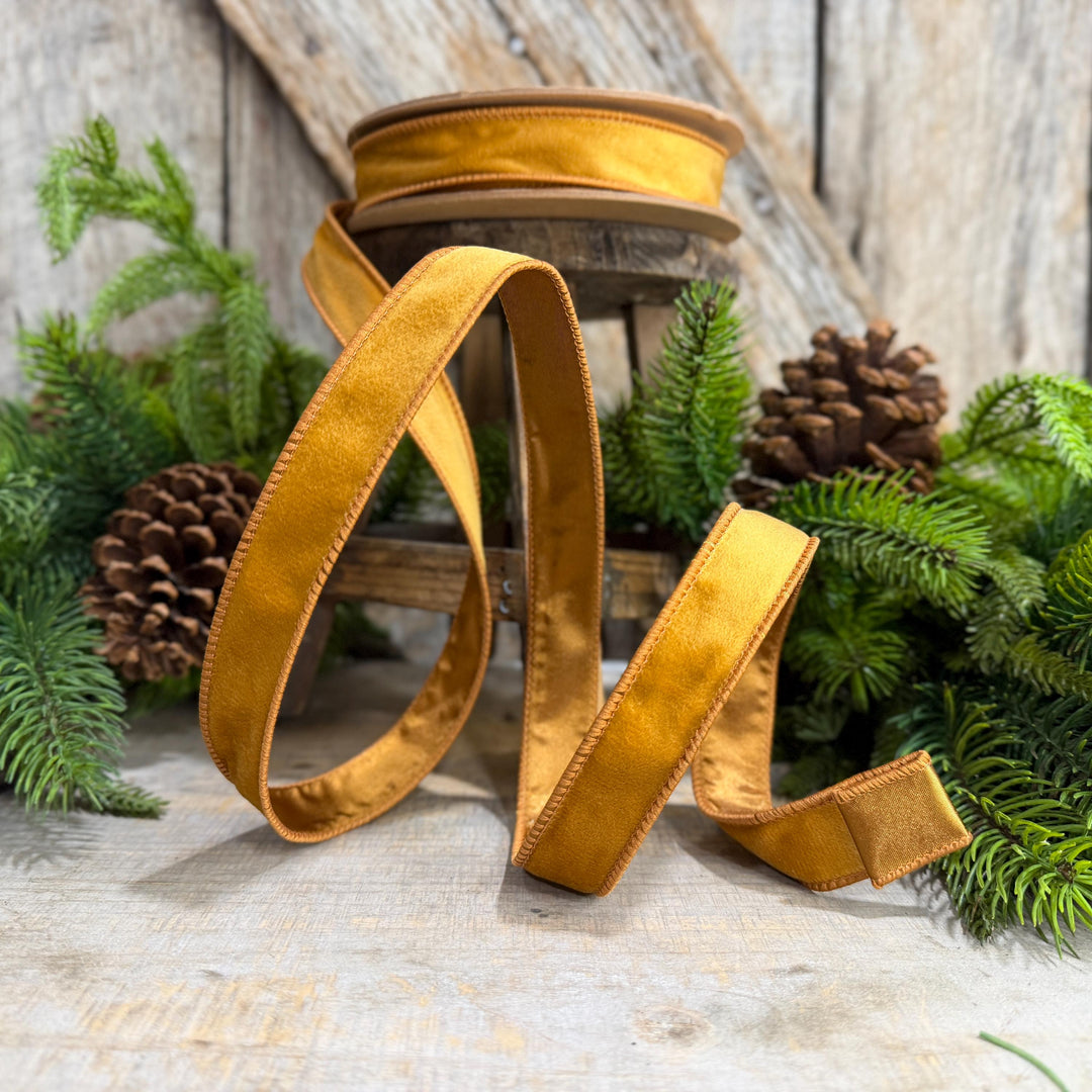 1" Antique Gold Wired Ribbon, Gold Christmas Velvet Ribbon