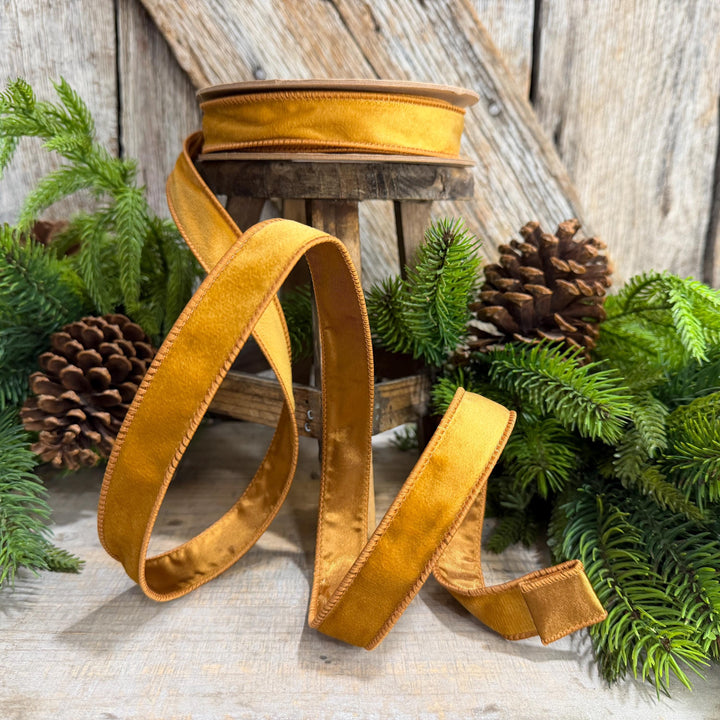 1" Antique Gold Wired Ribbon, Gold Christmas Velvet Ribbon