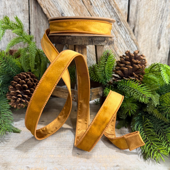 1" Antique Gold Wired Ribbon, Gold Christmas Velvet Ribbon