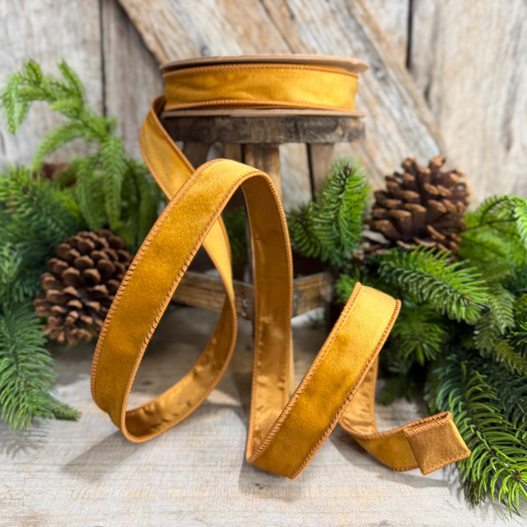1" Antique Gold Wired Ribbon, Gold Christmas Velvet Ribbon