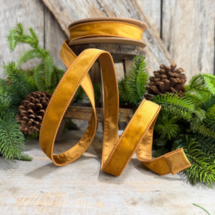 1" Antique Gold Wired Ribbon, Gold Christmas Velvet Ribbon