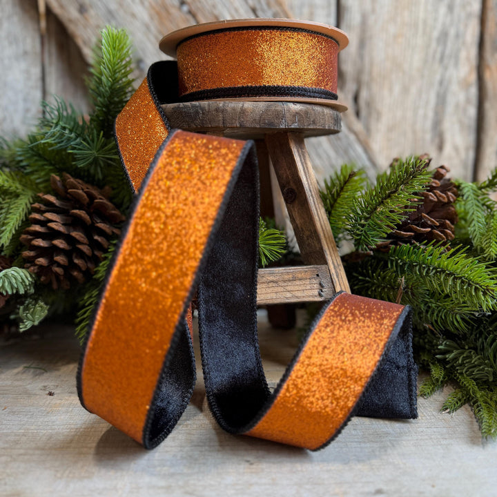 1.5" Orange Glitz Ribbon, Halloween Ribbon, Orange and Black Glitter Ribbon