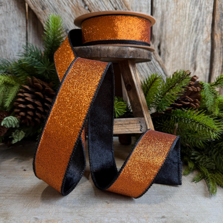 1.5" Orange Glitz Ribbon, Halloween Ribbon, Orange and Black Glitter Ribbon