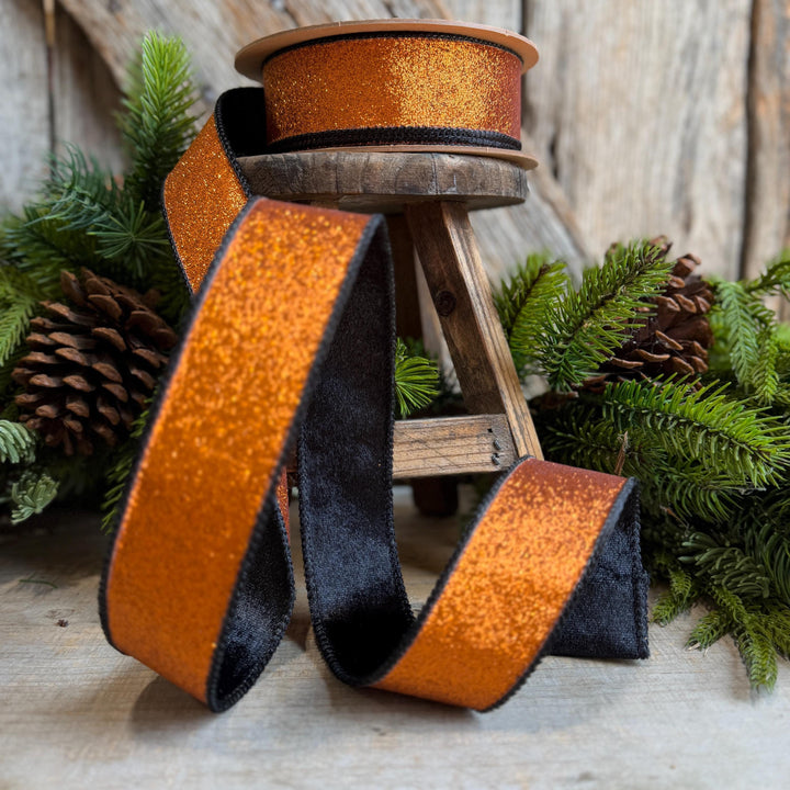 1.5" Orange Glitz Ribbon, Halloween Ribbon, Orange and Black Glitter Ribbon