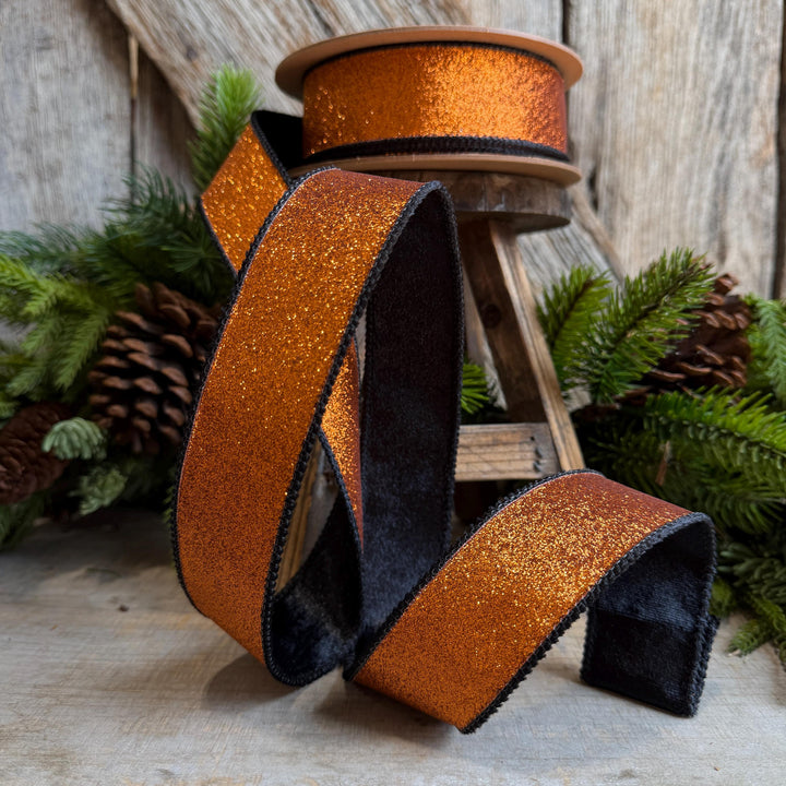 1.5" Orange Glitz Ribbon, Halloween Ribbon, Orange and Black Glitter Ribbon
