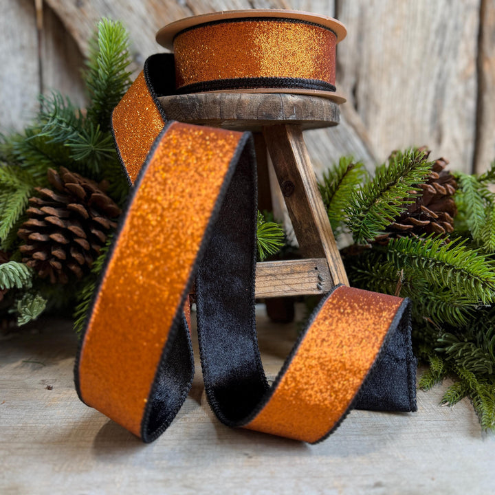 1.5" Orange Glitz Ribbon, Halloween Ribbon, Orange and Black Glitter Ribbon