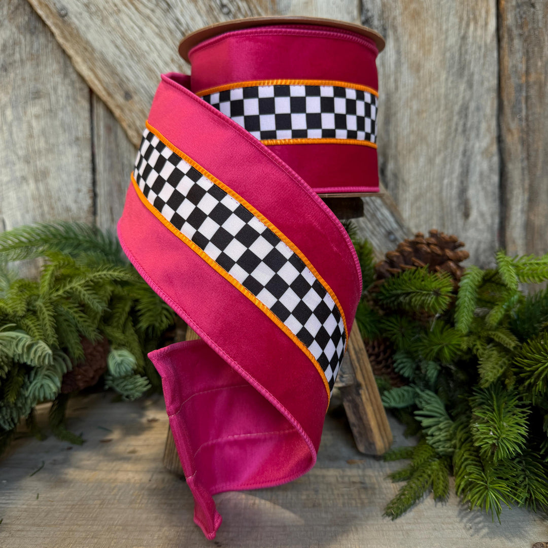 4" Halloween Ribbon, Checkered Ribbon, Hot Pink Orange Ribbon