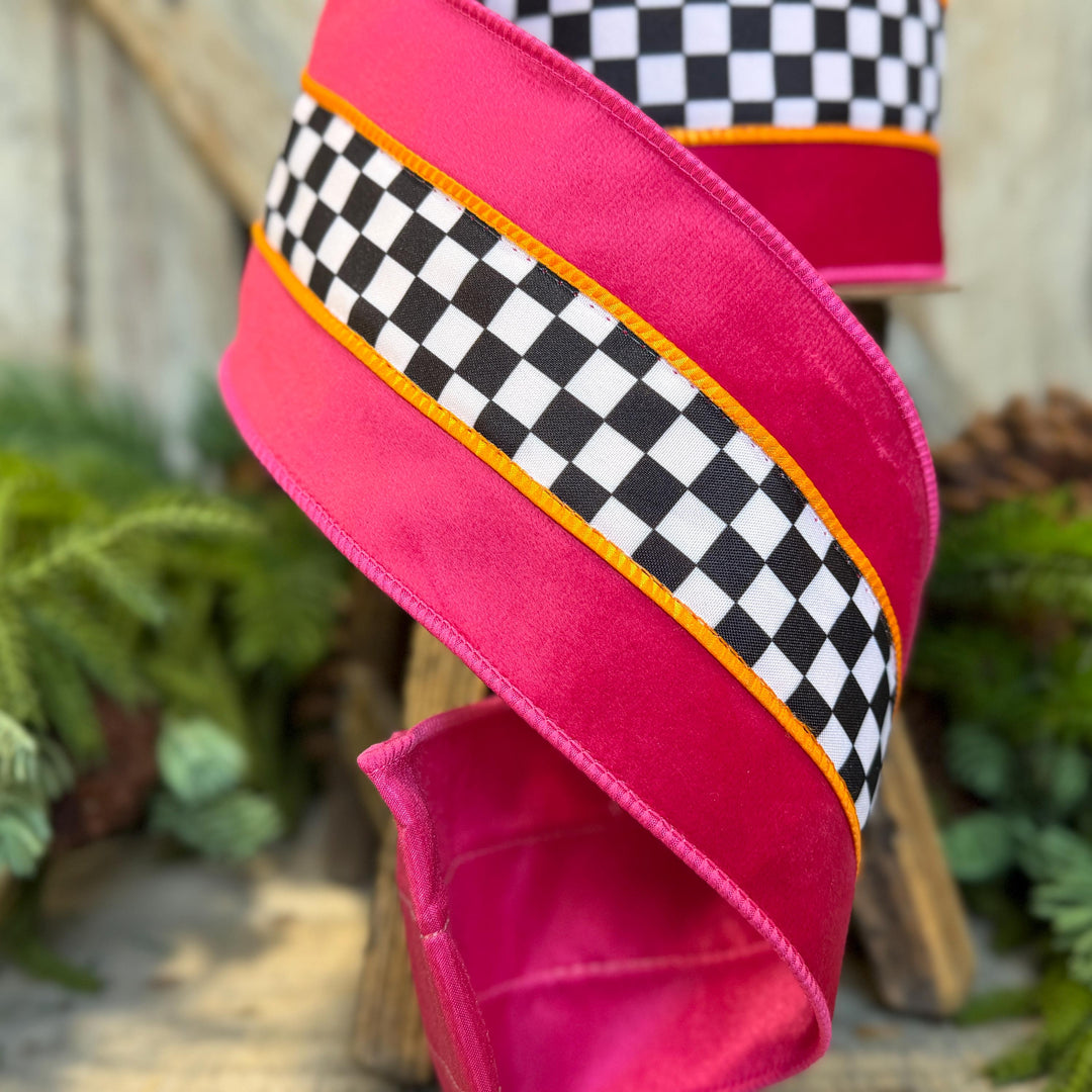 4" Halloween Ribbon, Checkered Ribbon, Hot Pink Orange Ribbon