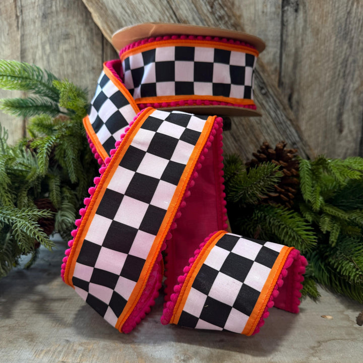 2.5" Halloween Ribbon, Checkered Ribbon, Hot Pink Orange Ribbon, Wired Ribbon, Black White Halloween Ribbon