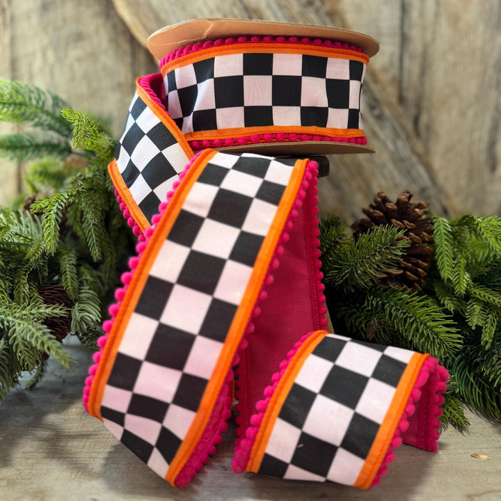 2.5" Halloween Ribbon, Checkered Ribbon, Hot Pink Orange Ribbon, Wired Ribbon, Black White Halloween Ribbon