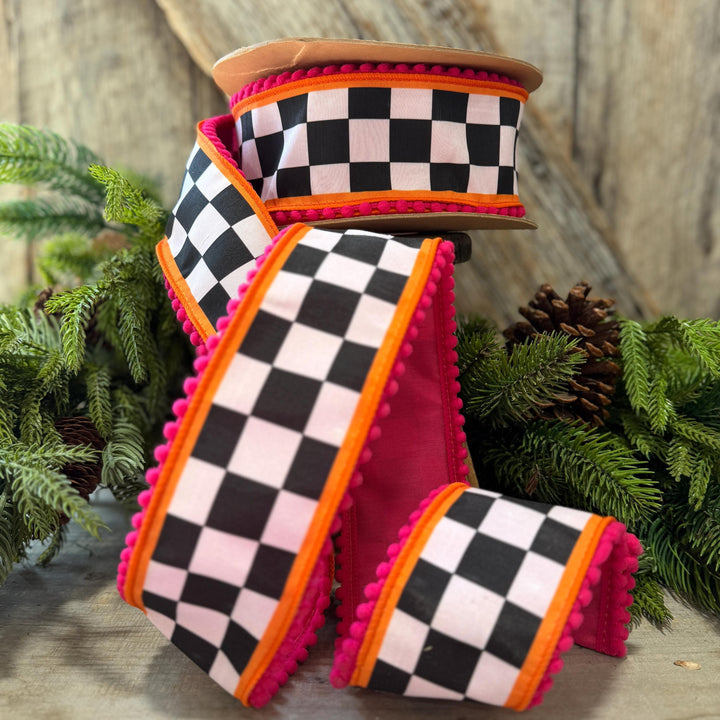 2.5" Halloween Ribbon, Checkered Ribbon, Hot Pink Orange Ribbon, Wired Ribbon, Black White Halloween Ribbon