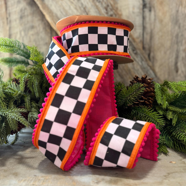 2.5" Halloween Ribbon, Checkered Ribbon, Hot Pink Orange Ribbon, Wired Ribbon, Black White Halloween Ribbon