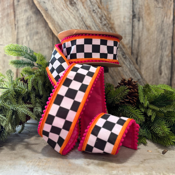 2.5" Halloween Ribbon, Checkered Ribbon, Hot Pink Orange Ribbon, Wired Ribbon, Black White Halloween Ribbon
