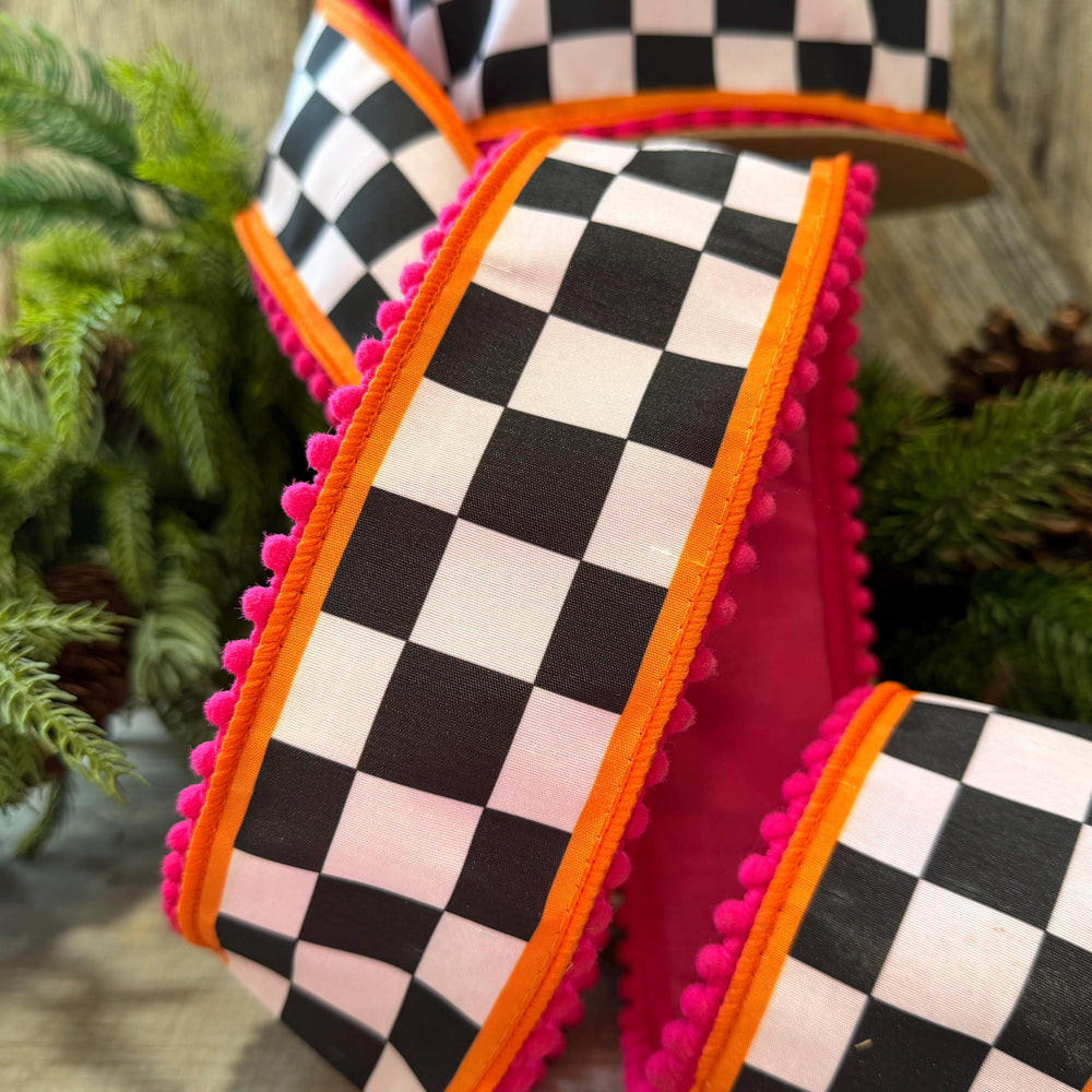 2.5" Halloween Ribbon, Checkered Ribbon, Hot Pink Orange Ribbon, Wired Ribbon, Black White Halloween Ribbon