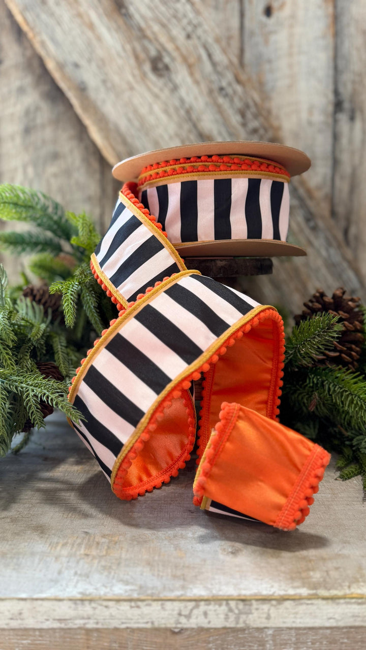 2.5" Halloween Ribbon, Striped Ribbon, Orange Ribbon, Wired Ribbon, Black White Stripe Halloween Ribbon