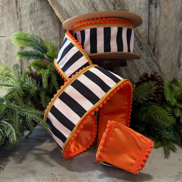2.5" Halloween Ribbon, Striped Ribbon, Orange Ribbon, Wired Ribbon, Black White Stripe Halloween Ribbon