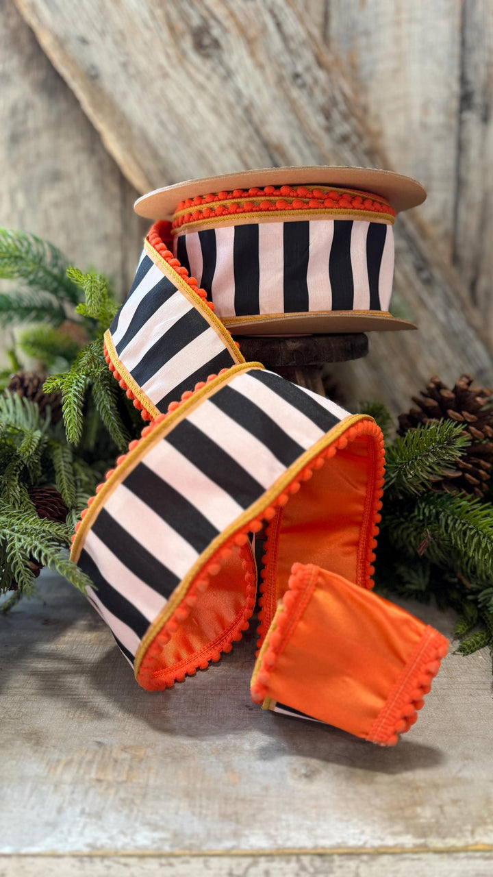 2.5" Halloween Ribbon, Striped Ribbon, Orange Ribbon, Wired Ribbon, Black White Stripe Halloween Ribbon
