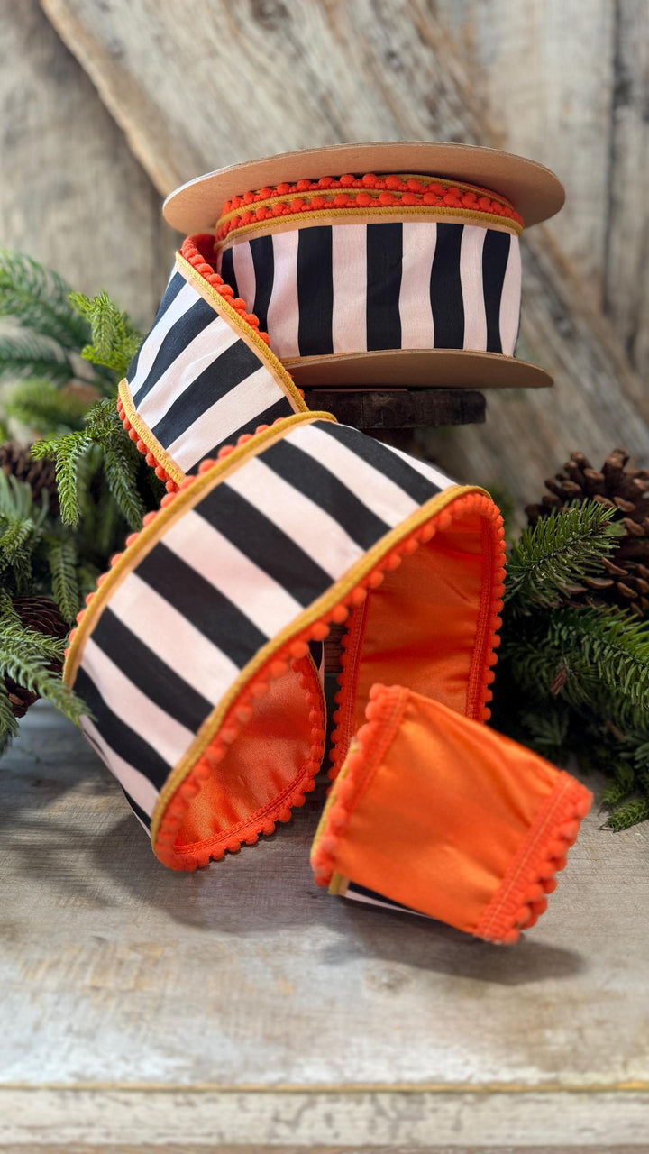 2.5" Halloween Ribbon, Striped Ribbon, Orange Ribbon, Wired Ribbon, Black White Stripe Halloween Ribbon
