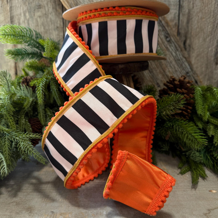 2.5" Halloween Ribbon, Striped Ribbon, Orange Ribbon, Wired Ribbon, Black White Stripe Halloween Ribbon
