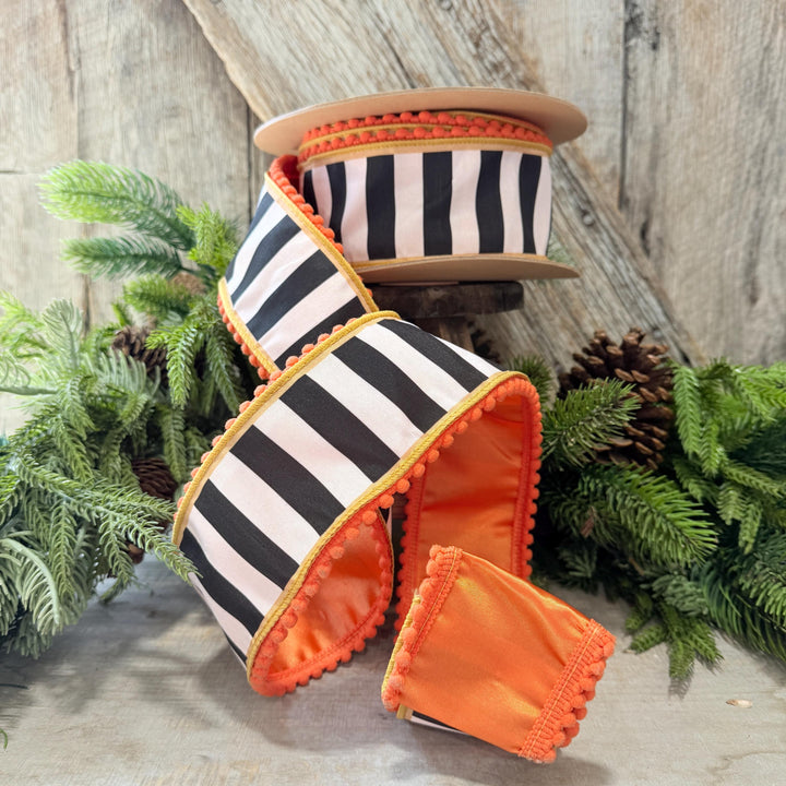 2.5" Halloween Ribbon, Striped Ribbon, Orange Ribbon, Wired Ribbon, Black White Stripe Halloween Ribbon