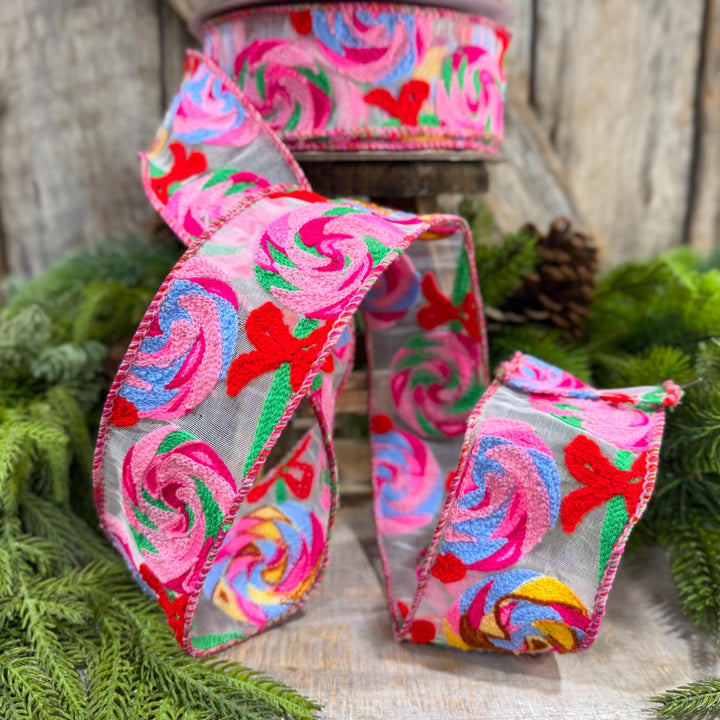 2.5" Lollipop Swirls Ribbon, Farrilk Embroidered Ribbon, Christmas Ribbon