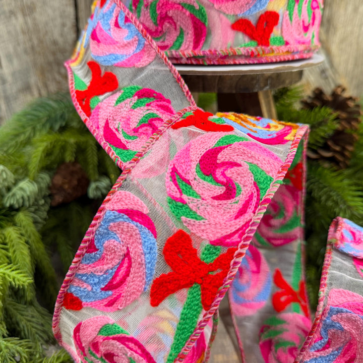2.5" Lollipop Swirls Ribbon, Farrilk Embroidered Ribbon, Christmas Ribbon