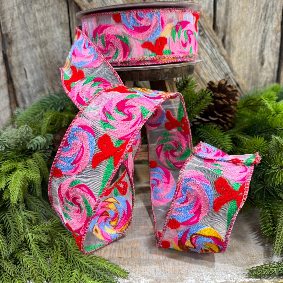 2.5" Lollipop Swirls Ribbon, Farrilk Embroidered Ribbon, Christmas Ribbon