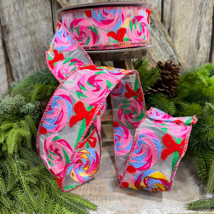 2.5" Lollipop Swirls Ribbon, Farrilk Embroidered Ribbon, Christmas Ribbon