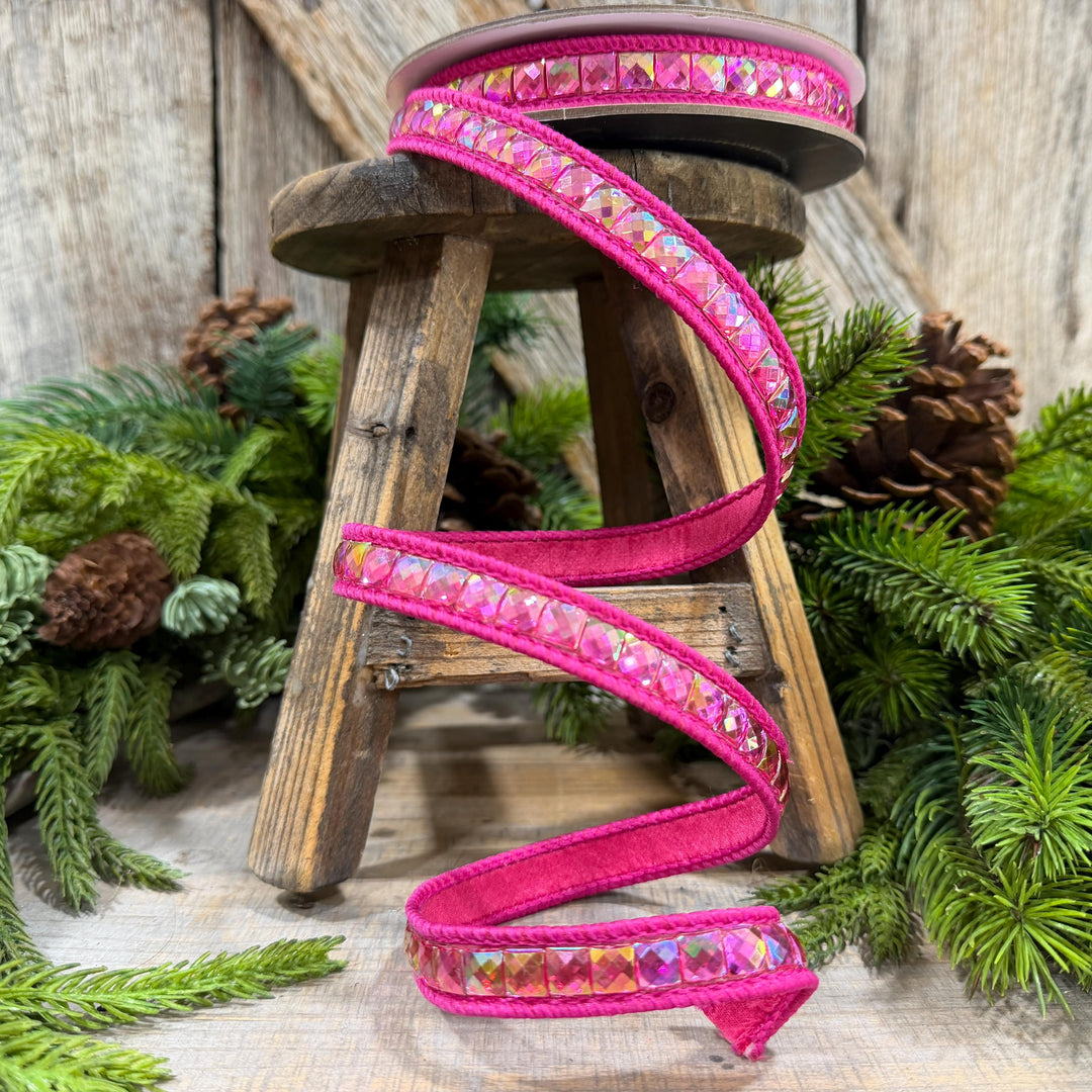 3/4" Hot Pink Gemstone Ribbon, Farrisilk Aurora Gemstones, Hot Pink Jeweled Ribbon