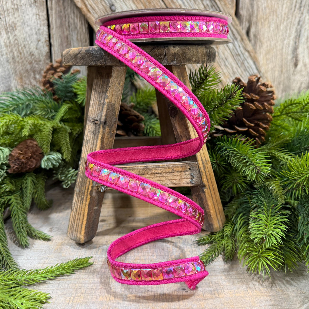 3/4" Hot Pink Gemstone Ribbon, Farrisilk Aurora Gemstones, Hot Pink Jeweled Ribbon