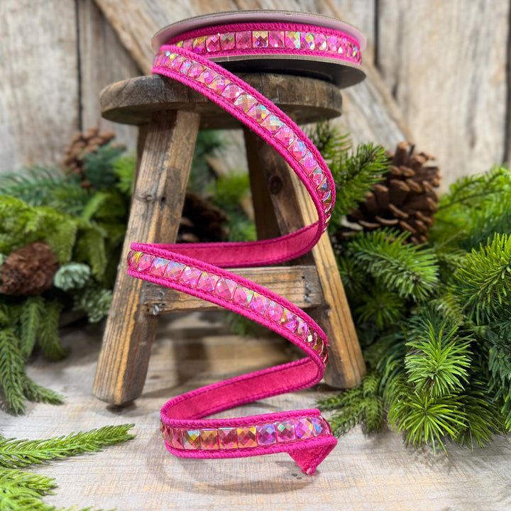 3/4" Hot Pink Gemstone Ribbon, Farrisilk Aurora Gemstones, Hot Pink Jeweled Ribbon
