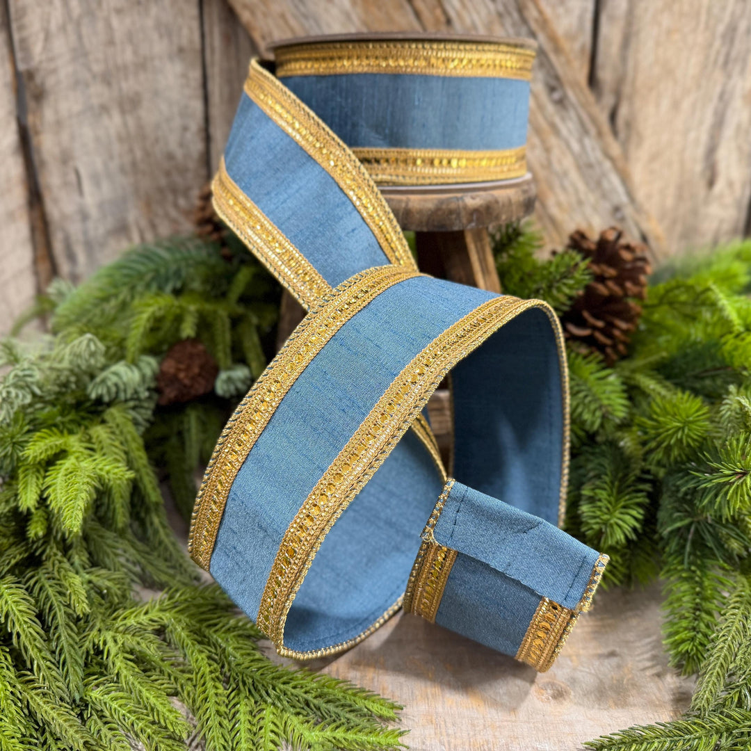2.5" Steel Blue Twinkle Borders Ribbon, Farrisilk Christmas Ribbon, Dusty Blue Ribbon
