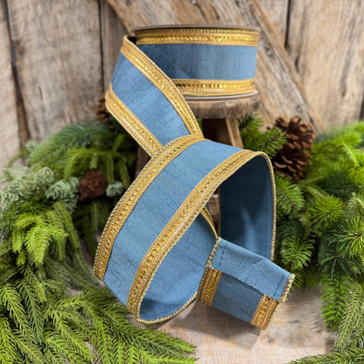 2.5" Steel Blue Twinkle Borders Ribbon, Farrisilk Christmas Ribbon, Dusty Blue Ribbon
