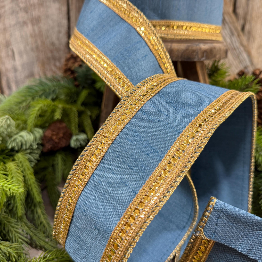 2.5" Steel Blue Twinkle Borders Ribbon, Farrisilk Christmas Ribbon, Dusty Blue Ribbon