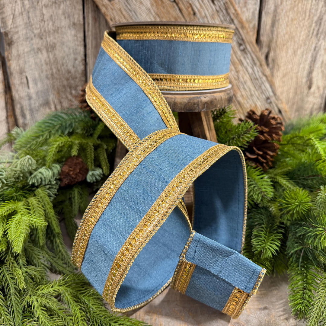 2.5" Steel Blue Twinkle Borders Ribbon, Farrisilk Christmas Ribbon, Dusty Blue Ribbon