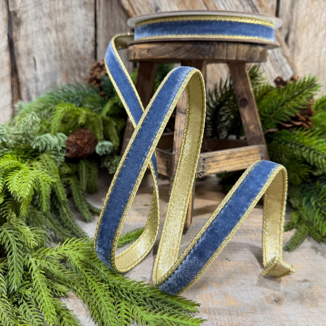 3/4" Steel Blue Flashy Velvet Ribbon, Farrisilk Ribbon, Dusty Blue Velvet Ribbon