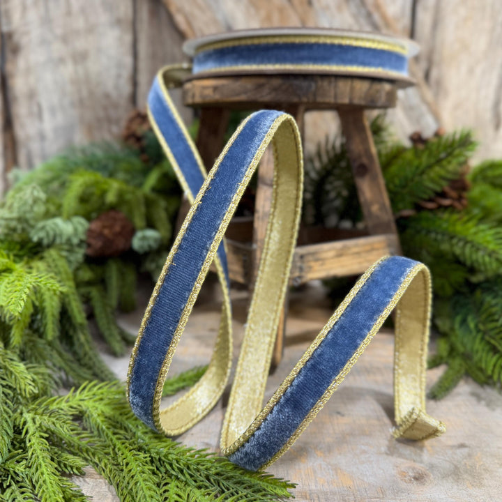 3/4" Steel Blue Flashy Velvet Ribbon, Farrisilk Ribbon, Dusty Blue Velvet Ribbon