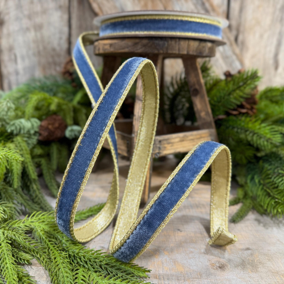 3/4" Steel Blue Flashy Velvet Ribbon, Farrisilk Ribbon, Dusty Blue Velvet Ribbon