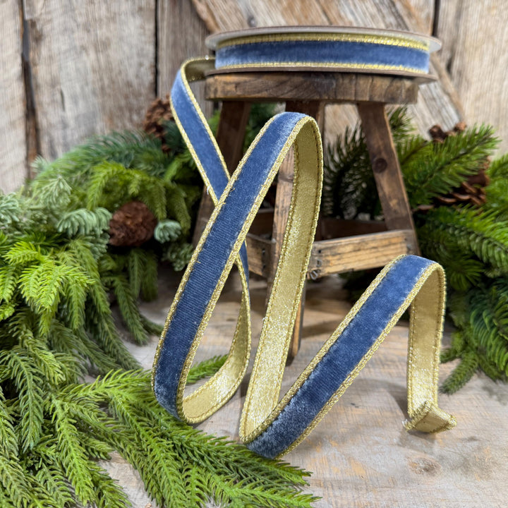 3/4" Steel Blue Flashy Velvet Ribbon, Farrisilk Ribbon, Dusty Blue Velvet Ribbon