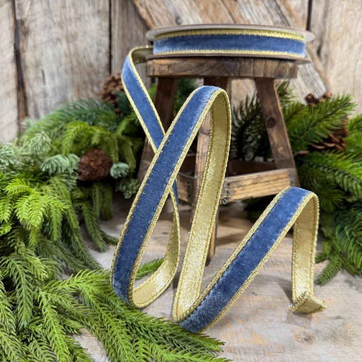 3/4" Steel Blue Flashy Velvet Ribbon, Farrisilk Ribbon, Dusty Blue Velvet Ribbon