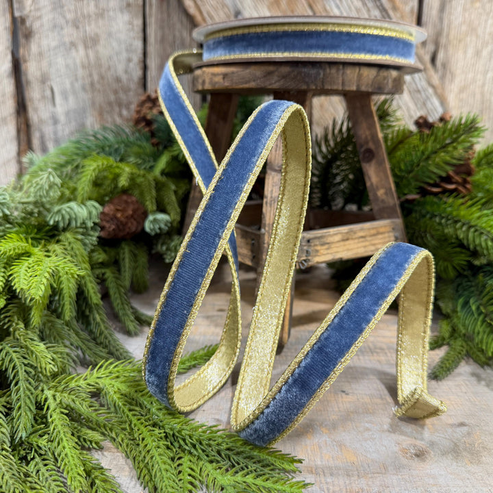 3/4" Steel Blue Flashy Velvet Ribbon, Farrisilk Ribbon, Dusty Blue Velvet Ribbon