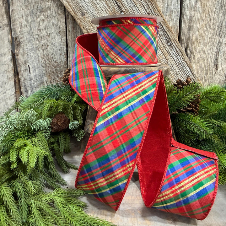 2.5" Chistmas Plaid ribbon, Farrisilk Ribbon, Nutcracker plaid ribbon, Christmas plaid ribbon, wired ribbon, Glitz Plaid Ribbon, RK700-32