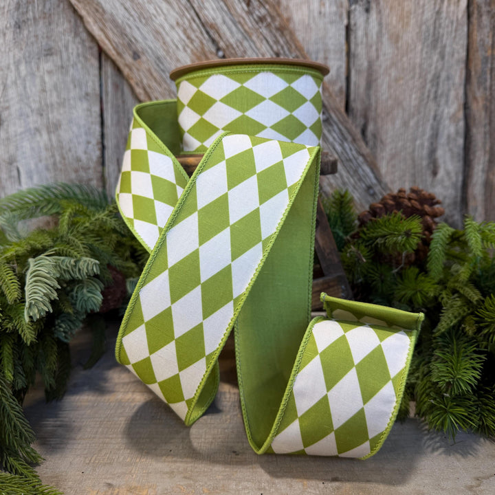 2.5" Green Harlequin Ribbon, Fall Ribbon, Christmas Ribbon, Diamond Pattern