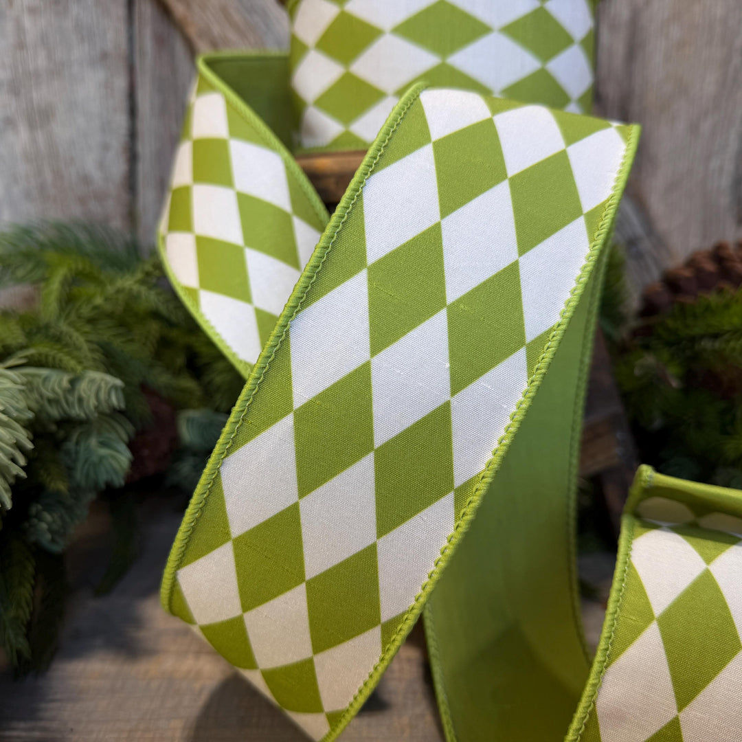2.5" Green Harlequin Ribbon, Fall Ribbon, Christmas Ribbon, Diamond Pattern
