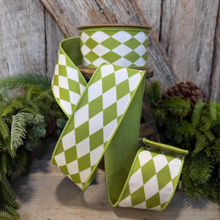 2.5" Green Harlequin Ribbon, Fall Ribbon, Christmas Ribbon, Diamond Pattern